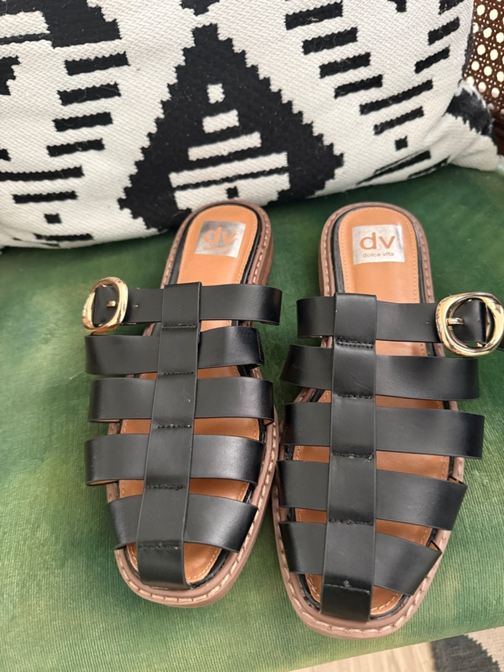 DV by Dolce Vita Black Leather Multi-Strap Slide Sandals with Gold Buckles